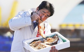 Shinzo Abe tucks into some grilled fish in the port of Soma. His Liberal Democratic Party may lose seats in the election. Photo: Reuters