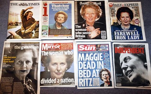 British daily newspapers featuring front-page coverage of former British Prime Minister Margaret Thatcher's death, are seen in London, on Tuesday. Photo: AP