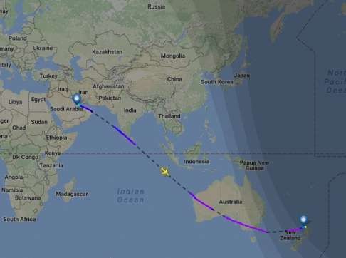 A map showing Sunday's journey from Doha to Auckland. Image: Flightradar24