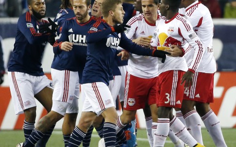 New England Revolution players scuffle with New York Red Bulls players in a classic case of "handbags". Photo: AP