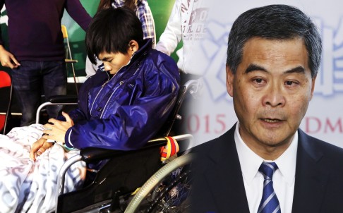 Pro-democracy student leader Joshua Wong is pushed in a wheelchair into a makeshift shelter in Admiralty; while Leung Chun-ying said the five fasting teenagers should accept the authority of a nominating committee. Photos: EPA, Nora Tam