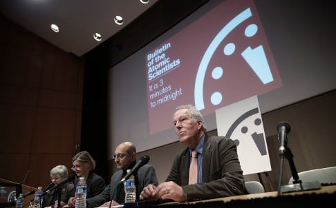 Scientists from the Bulletin of the Atomic Scientists speak during a press conference after updating the "Doomsday Clock" on Thursday in Washington, DC. Photo: AFP