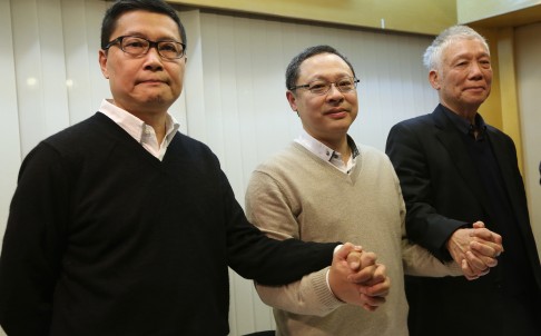 Occupy Central co-founders Dr Chan Kin-man, Benny Tai Yiu-ting and Reverend Chu Yiu-Ming are suspected of organising and inciting unlawful assemblies. Photo: Sam Tsang