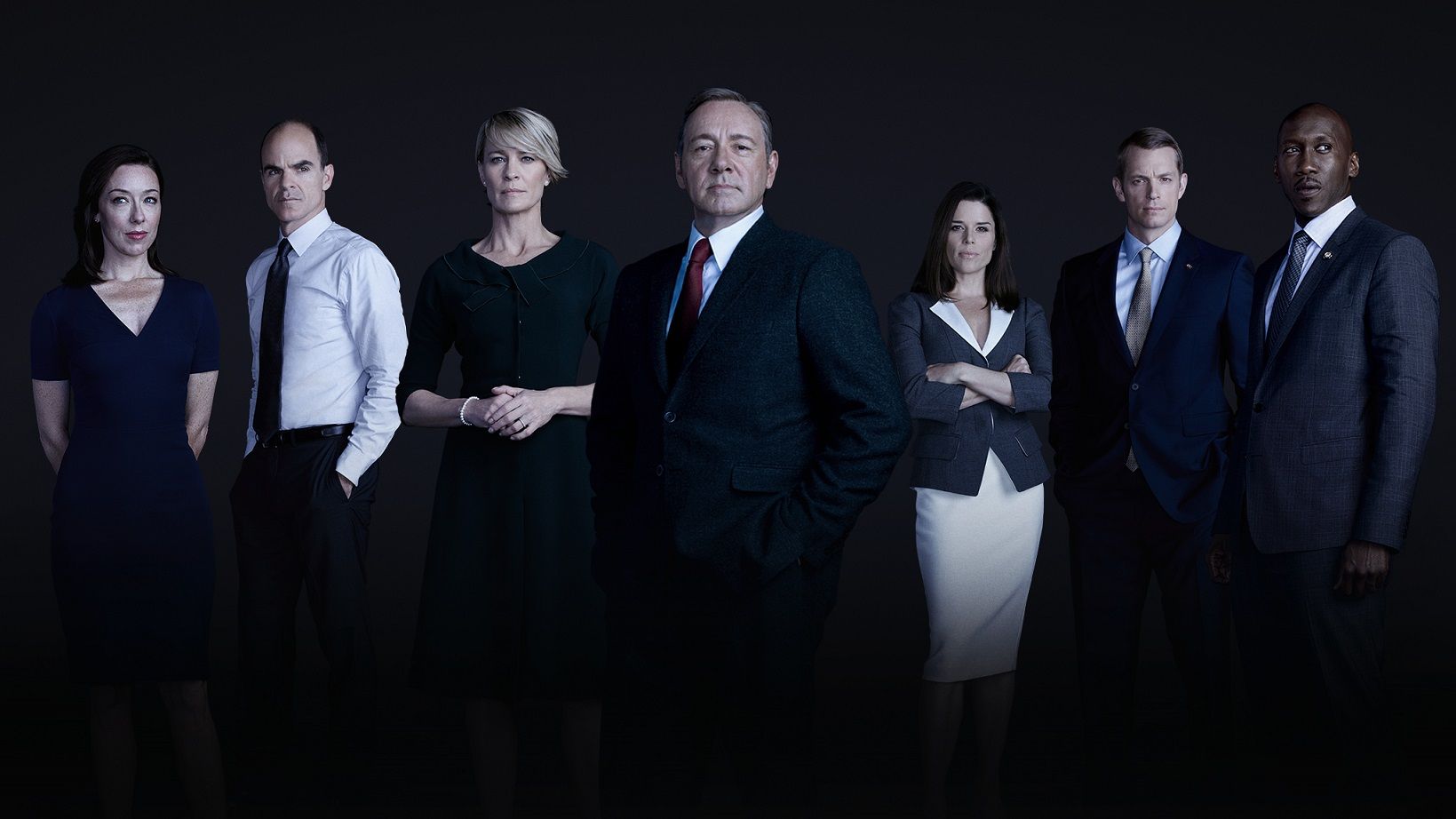 The latest “House of Cards” features, from left, Molly Parker, Michael Kelly, Robin Wright, Kevin Spacey, Neve Campbell, Derek Cecil, Mahershala Ali, and many more.