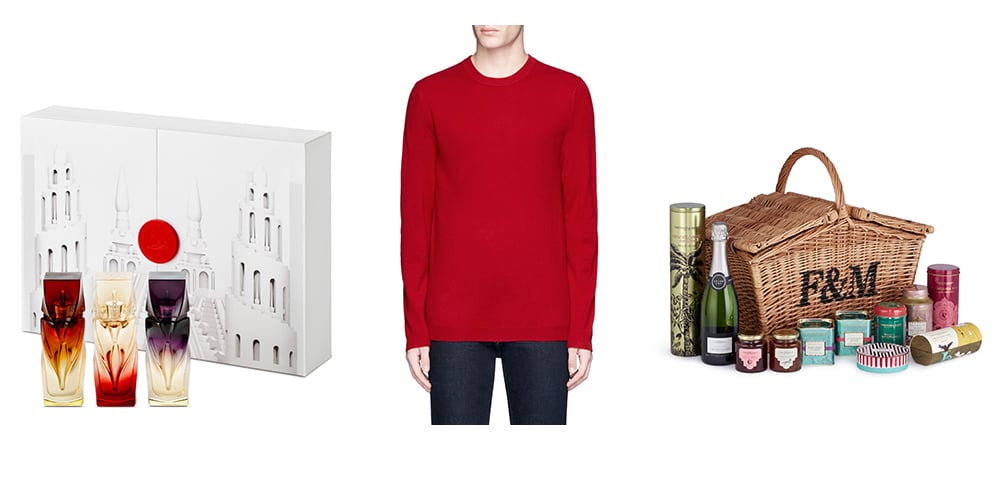 Christian Louboutin Parfum Mini Coffret (Left) <br />INK. Cashmere Sweater <br />Fortnum & Mason Lane Crawford Indulgent Hamper (Right)