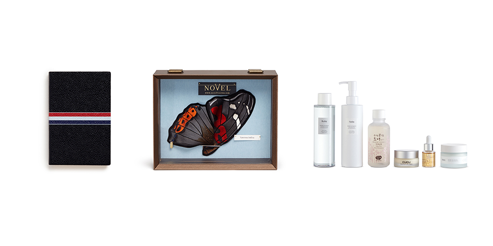 Thom Browne Notebook(Left) <br />Novel Butterfly Silk Pocket Square<br />Glow Recipe Ageless Glow Set(Right)