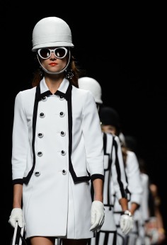 Moschino (far left) made spring's monochrome fun and flirty; curved stripes from Marc Jacobs. Photos: AFP