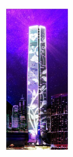 An early rendering by lighting architect Hirohito Totsune of the light show at ICC Tower. 
