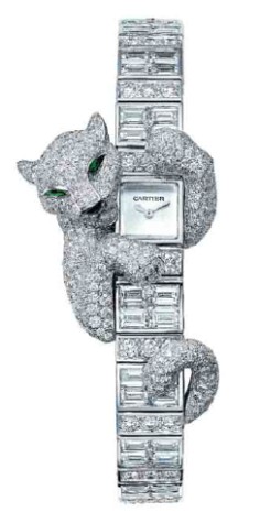 The Baguette Panthere features a playful 18ct white-gold panther on the flank, set with brilliant and baguette-cut diamonds, emerald eyes and an onyx nose. Price on request