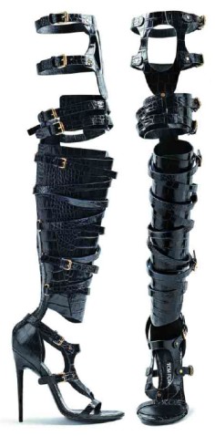 Perfect your Catwoman impression with these alligator thigh-high bondage sandals. Price on request