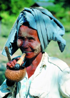 A Pa-O villager smokes her cheroot while she works on the land. Photos: Dave Stamboulis