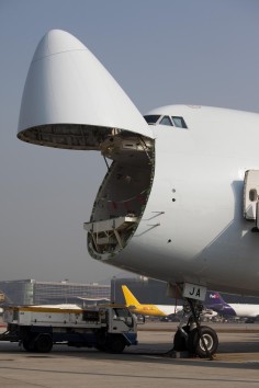 A Cathay Pacific freighter prepares for cargo. Photo: Bloomberg