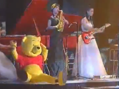 An unlicensed version of Winnie the Pooh performing with the Moranbong band, September 2012. Screenshot from North Korean television.