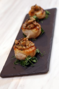 Pan-seared scallops with Iberico pork belly and porcini ratatouille
