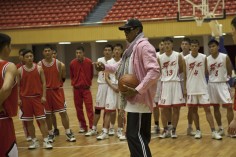 Rodman at a practice session with North Korean players in December. He leads a contingent of retired NBA stars for an exhibition game on Kim's birthday. Photo: AP