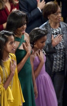 Michelle Obama with daughters and mum Marian Robinson. Photo: AFP