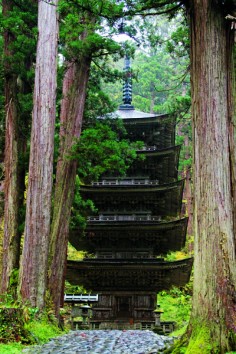 An ancient wooden pagoda marks the starting point of a 2,400-step climb up to the shrine atop Mount Haguro.