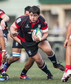 Prop Ryan Aylsworth leads the charge for Hong Kong. Photo: HKRFU