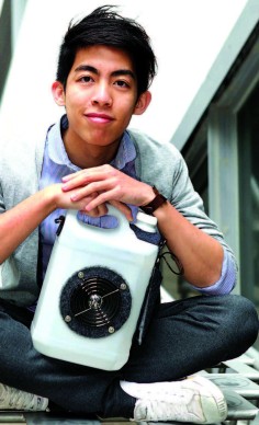 Designer Kevin Cheung with hisBoombottle, a bottle he has transformed into a speaker.