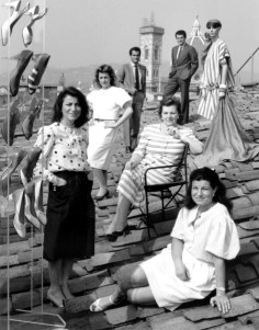Members of the Ferragamo family. (Front, from left): Fiamma, Wanda and Fulvia. (Back, from left): Giovanna, Leonardo and Ferruccio.