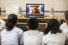 A biology class conducted via Skype with retired teacher David Swancott.