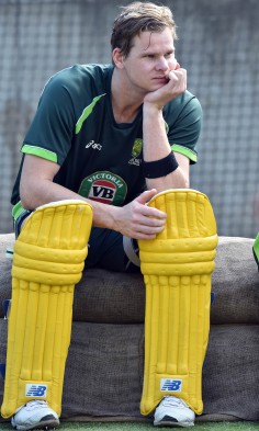 Australia batsman Steve Smith waits for his turn to bat during practice leading up to the Cricket World Cup final.