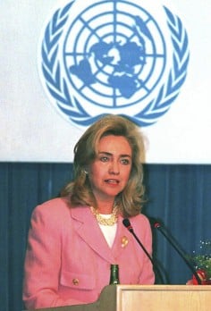 Hillary Rodham Clinton gives a landmark speech on women's rights in Beijing in 1995, described as an "iconic moment".Photo: AFP