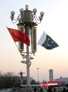 The Chinese and Pakistani national flags are displayed in Tiananmen Square, Beijing, in February 2014, after the two countries signed deals to develop the China-Pakistan Economic Corridor. 