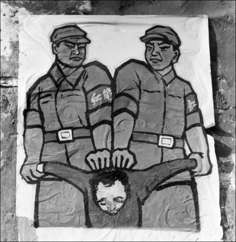 This file photo taken in 1966 shows a poster displayed in Beijing illustrating how to deal with a so-called “enemy of the people” during the Cultural Revolution. Photo: AFP