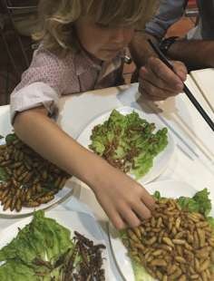 Oliver Engelhorn tucking into a variety of insects at People of Yunnan. Photo: Kylie Knott