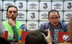 Ireland coach Martin O'Neill and player Richard Keogh take questions from the press before their Euro 2016 qualifying match against Bosnia-Herzegovina. Photo: Xinhua