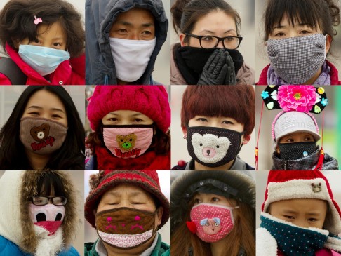 This combo photos show tourists wearing different masks at Tiananmen Square in Beijing on January 30, 2013. Photo: SCMP/Simon Song