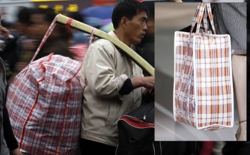 A LV designer bag (right) resembles those plaid bags used by China's workers. Photo: AP and screenshot via Weibo.