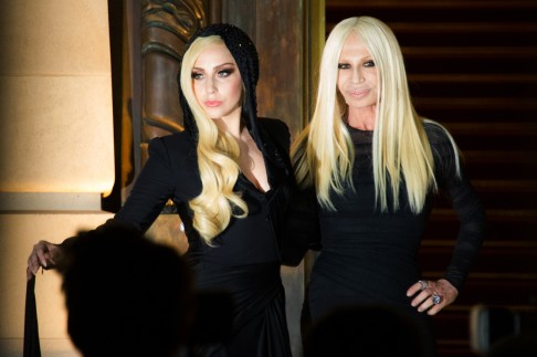 Lady Gaga and fashion designer Donatella Versace at the Atelier Versace Haute Couture fashion collection. Photo: AP