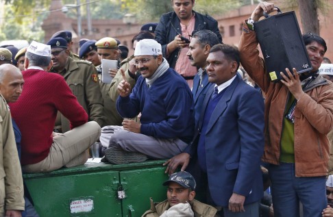 Delhi's Chief Minister Arvind Kejriwal during the sit-in protest in New Delhi, which saw him sleep on the streets with other protesters and essentially run his government from the pavement. Photo: Reuters