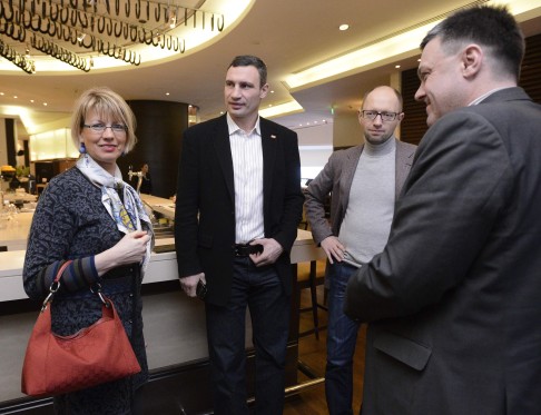 EU deputy Helga Schmid (left) - who was included in the leaked recordings - meets with Ukrainian opposition leaders (from L-R) Vitaly Klitschko, Arseny Yatsenyuk and Oleh Tyahnybok last month. Photo: Reuters
