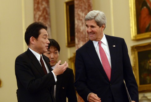 Kerry (right) and Japanese Foreign Minister Fumio Kishida reaffirmed US treaty obligations to Japan at their recent meeting. Photo: Xinhua