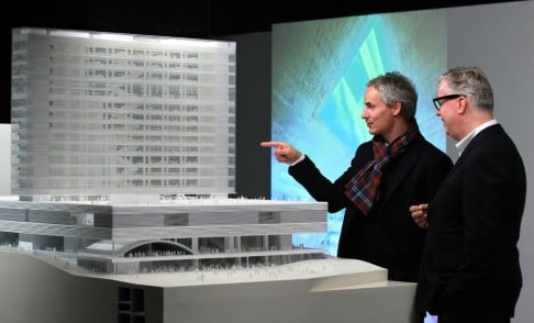 Ascan Mergenthaler (left), of Herzog & de Meuron, and Dr Lars Nittve (right), executive director of M+, discuss the building's design. Photo: Dickson Lee