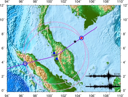 A South China Sea map showing the possible location of the  tremor on the sea floor (red star) and the two Malaysian seismic monitor stations (blue triangles). Photo: Handout by the Seismology and Physics of the Earth's Interior Laboratory, University of Science and Technology of China