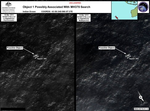 Satellite imagery from the Australian Maritime Safety Authority shows objects 2,500 kilometres southwest of Perth that could be debris from the missing jet.  Photo: Reuters<br />
