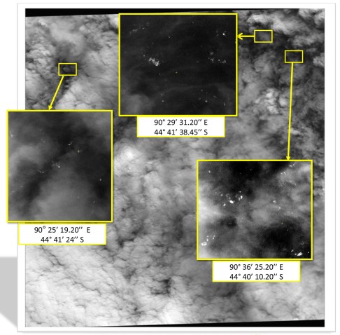 Photos from the Malaysian Remote Sensing Agency showing the possible debris of the missing MH 370. Photo: SCMP