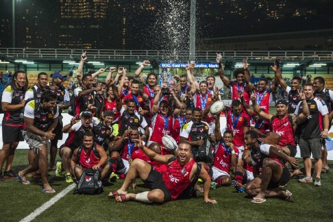 BGC Dragons celebrate their GFI HKFC Tens victory with the Carinat Dragons. Photo: SCMP Pictures     
