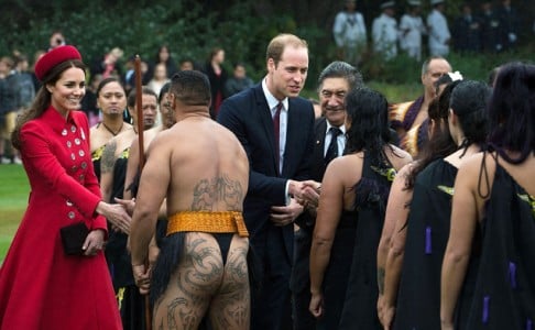 The royal couple greet the members of a Maori performance group. Photo: AFP