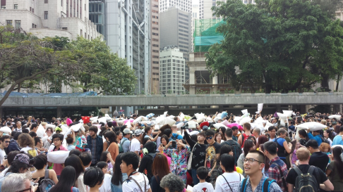 The pillow fight took place in Chater Garden, Central. Photo: SCMP 