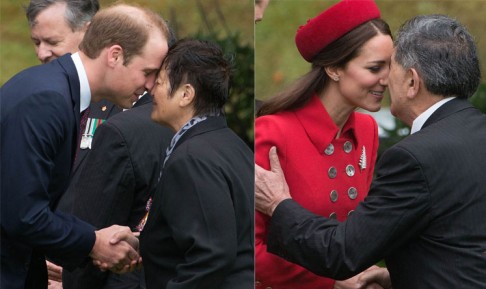 Prince William (left) and Duchess Catherine (right) receive "hongi", a traditional Maori greeting, in Wellington. Photo: AFP