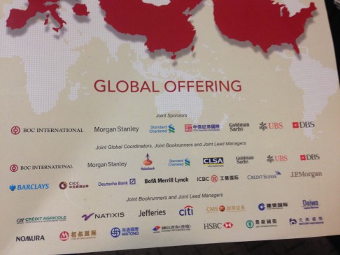The logos of 29 investment banks are seen printed on the IPO prospectus of WH Group in Hong Kong. Photo: SCMP Pictures