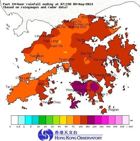 Rainfall distribution in the 24 hours ending 7.15am this morning. Photo: Hong Kong Observatory