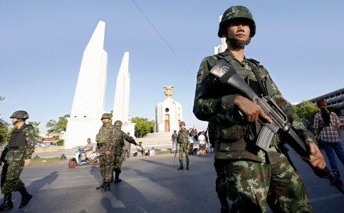 Thai soldiers secure the Democracy Monument area in Bangkok after removing anti-government protesters. Photo: EPA