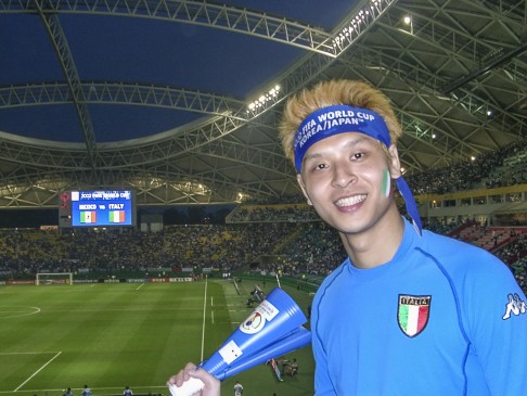 True blue: Anson Mui travelled to Yokohama, Japan to see Italy take on Mexico in the 2002 World Cup.