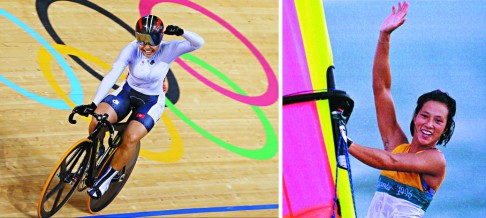 Left: cyclist Lee Wai-sze celebrates after winning a bronze medal at the 2012 London Olympics. Right: windsurfer Lee Lai-shan wins Hong Kong's first and only Olympic gold medal in 1996.